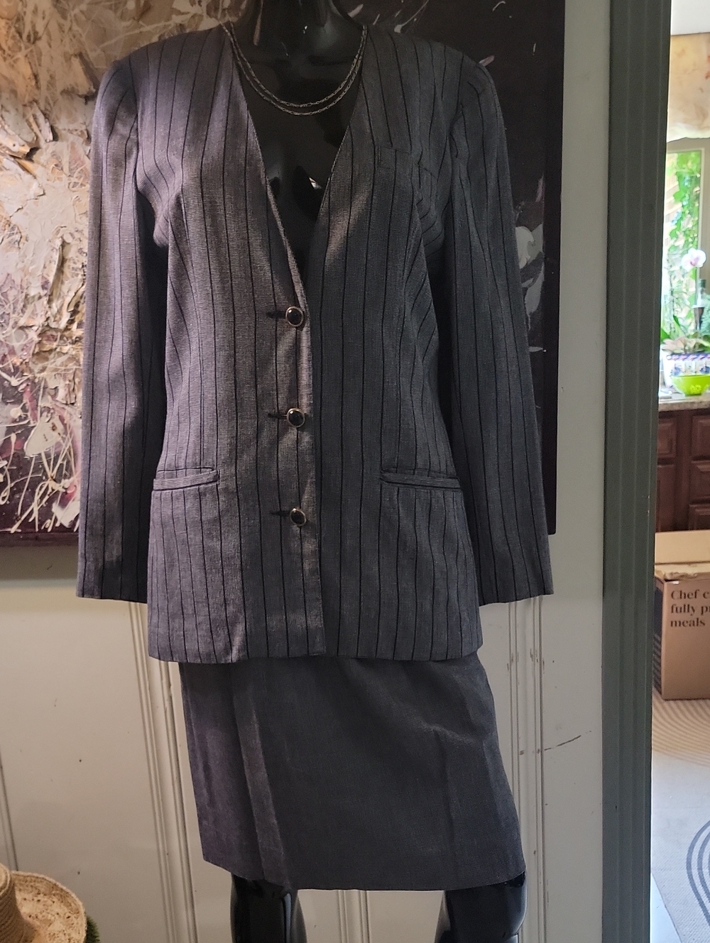 Liz Claiborne Navy Blue/Gray Pinstripe Business Suit